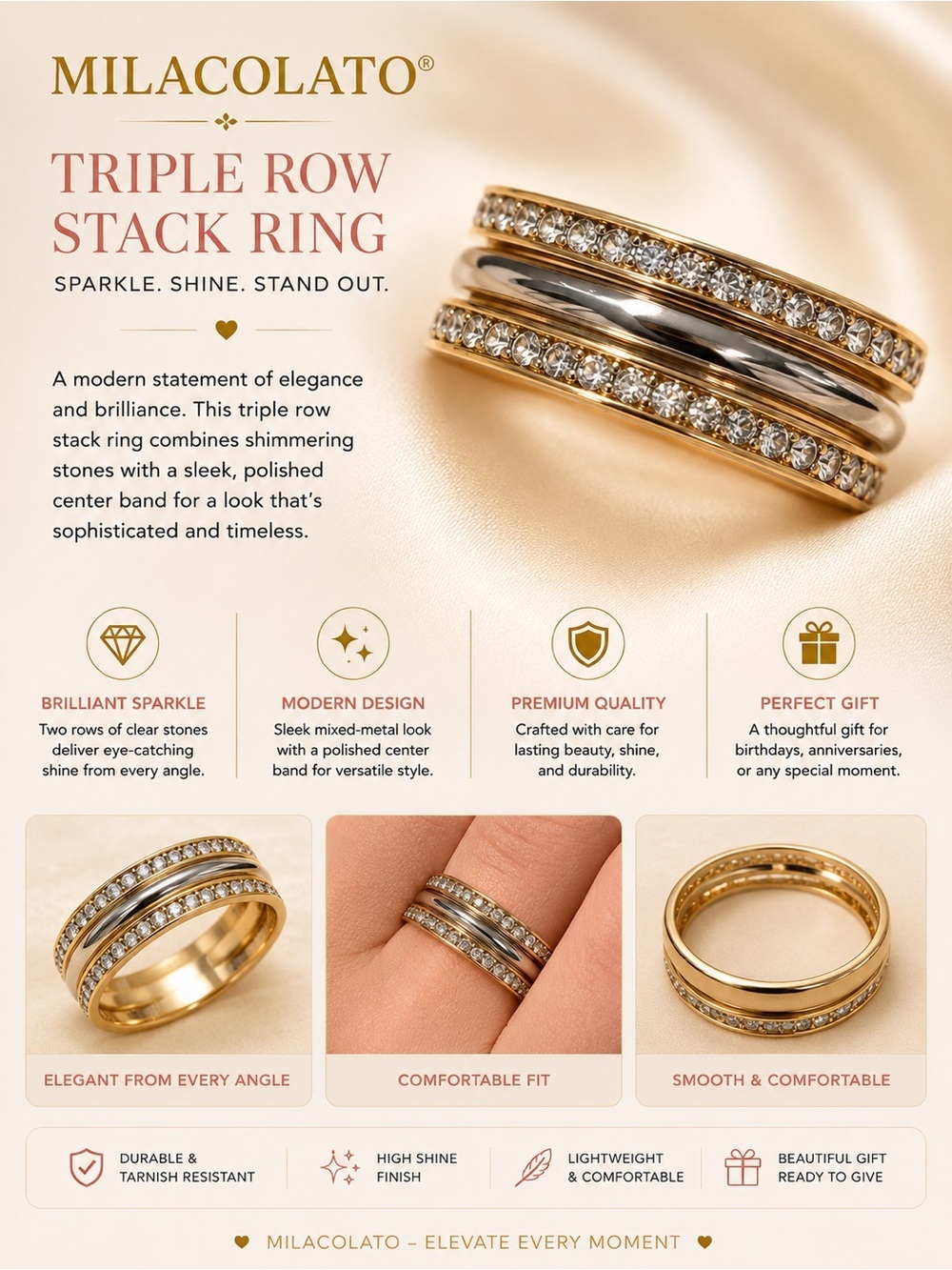 Gold Triple Row Stack Ring with Clear Stones SIZE 9